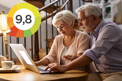 Een man en vrouw die samen achter de laptop zitten om een klantbeoordeling te plaatsen