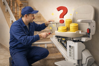 Monteur die aan het sleutelen is aan een traplift met daarbij een vraagteken boven het geldbedrag wat er op ligt symbolisch voor wat onderhoud kan kosten