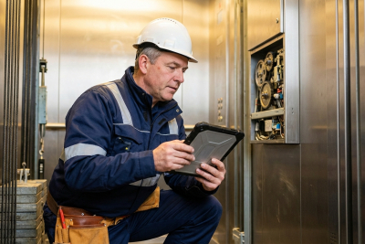 Afbeelding van een liftondehroudsmonteur die met een tablet de lift controleert