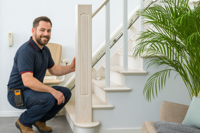 Monteur die traplift onderhoud uitvoert Monteur die traplift onderhoud uitvoert