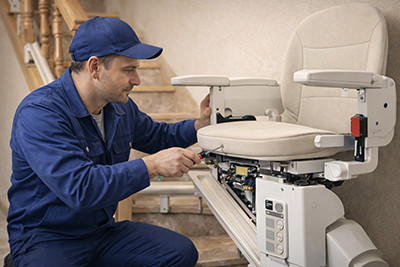 Monteur in blauwe overall is aan traplift aan het sleutelen en onderhoudsbeurt aan het uitvoeren